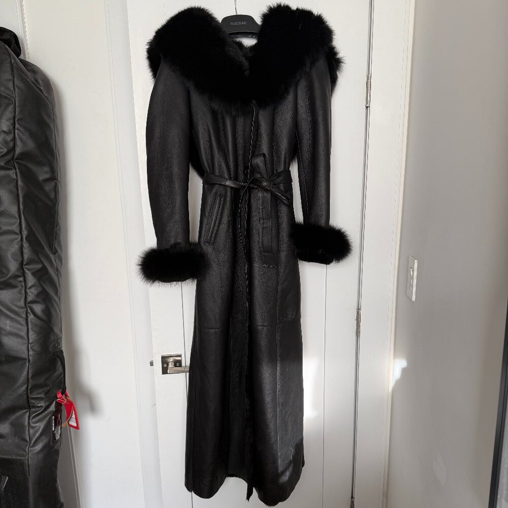 Turkish Sheepskin & Fox Fur Floor-Length Coat — Black — Size Small